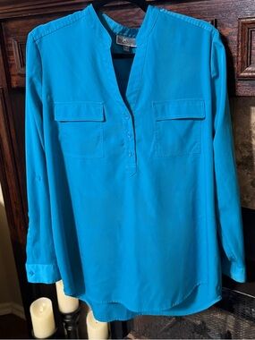JM Collection Womens Turquoise Blue Long Sleeve Popover Blouse Size L 14